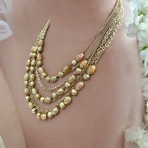 Vintage Multi Strand Gold Tone Metal Lightly Painted Beads Necklace Retro